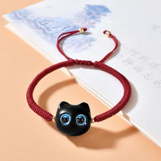 Pulsera trenzada con nudo King Kong de la paz y diseño de cabeza de gato de madera de ébano con piedras de Buda 