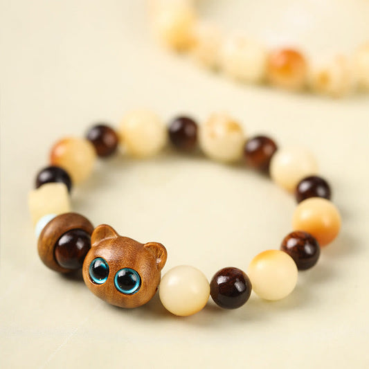 Pulsera de la paz con garra de pata y cabeza de gato de la suerte con semillas de bodhi naturales de Buda y sándalo