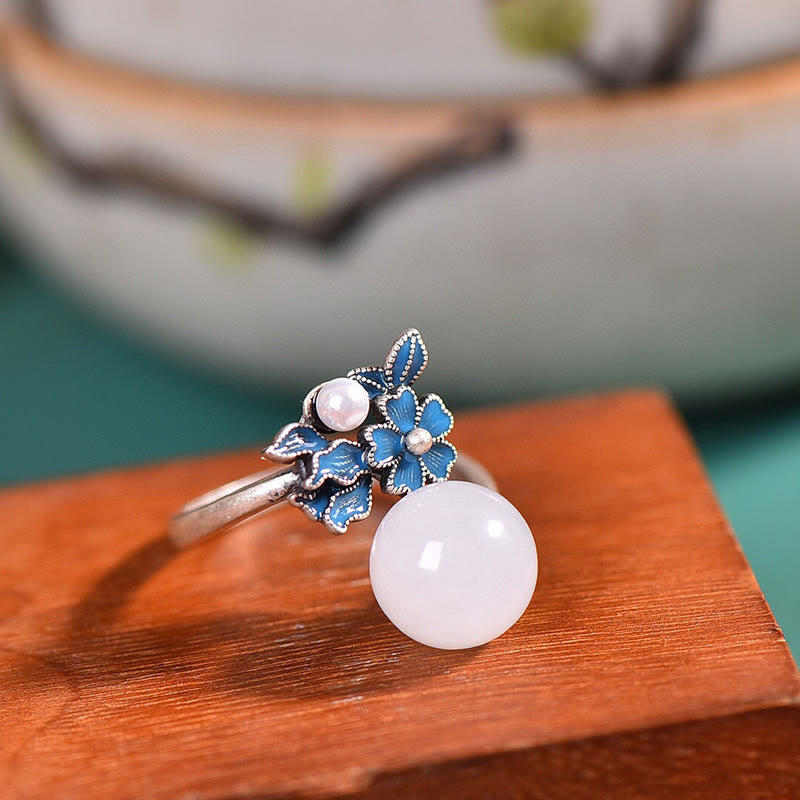Buddha Stones White Jade 925 Sterling Silver Pearl Flower Blessing Necklace Pendant Ring Earrings - Touch Bling