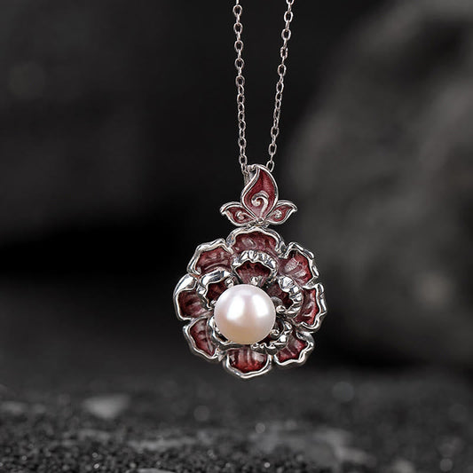 Buddha Stones 999 Sterling Silber Pfingstrose Blume Perle Heilung Halskette Anhänger