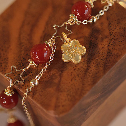Pulsera de Buda con dije de flor de estrella de ágata roja bañada en oro de 14 k 