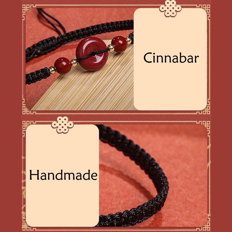 Buddha Stones Natürliches Zinnober-Armband mit Friedensschnalle und Segensschnur 