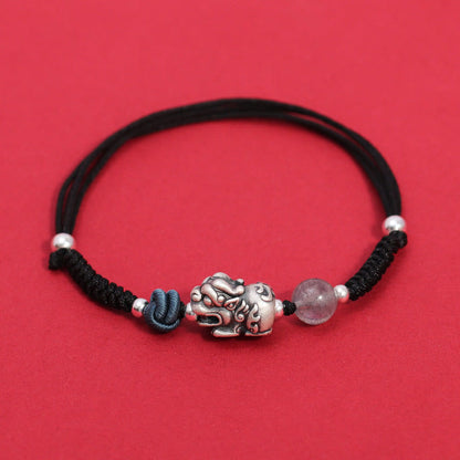 Pulsera trenzada de plata de ley 999 con cuentas de cuarzo fresa PiXiu y piedras de Buda para la riqueza y la suerte 