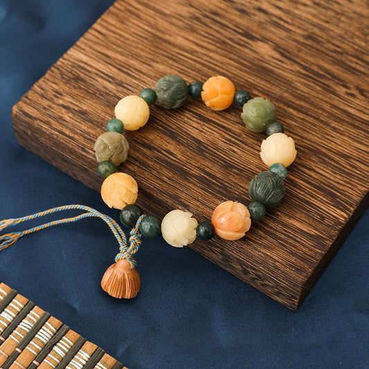 Armband mit Buddha-Steinen, Bodhi-Samen, Lotus-Perle, eingraviert, Moosachat, Frieden, Ruhe 