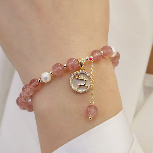Pulsera curativa con dije de Buda, cuarzo fresa, perla, alce, cara sonriente, cola de pez, personaje Fu 