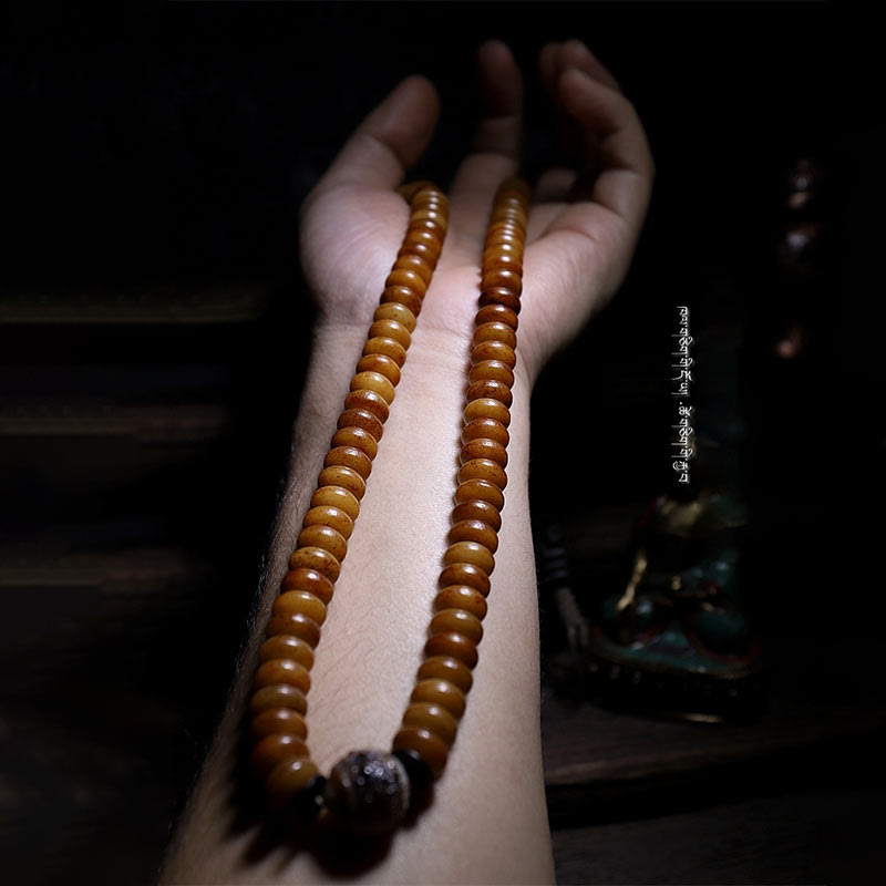 Pulsera tibetana de 108 cuentas Mala de hueso de yak con tres ojos de Dzi y piedras de Buda para alejar los malos espíritus.