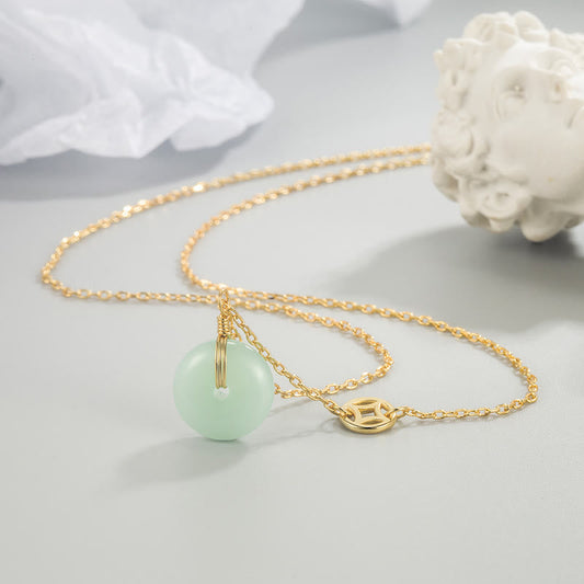 Colgante de collar con hebilla de paz y abundancia con símbolo de jade fu y moneda de cobre y piedras de Buda