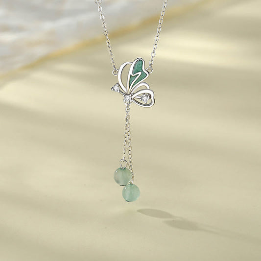 Buddha Stones 925 Sterling Silver Natural Green Aventurine Butterfly Luck Necklace Pendant Earrings Set