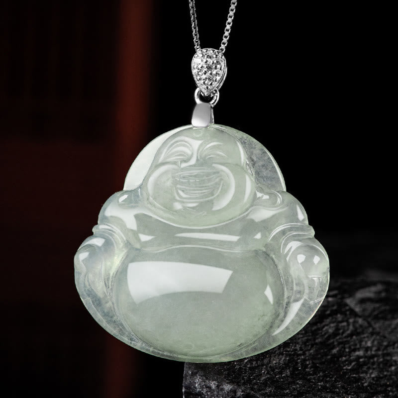 Collar con colgante de Buda sonriente de jade natural en plata de ley 925 con piedras de Buda, cadena de prosperidad y abundancia.