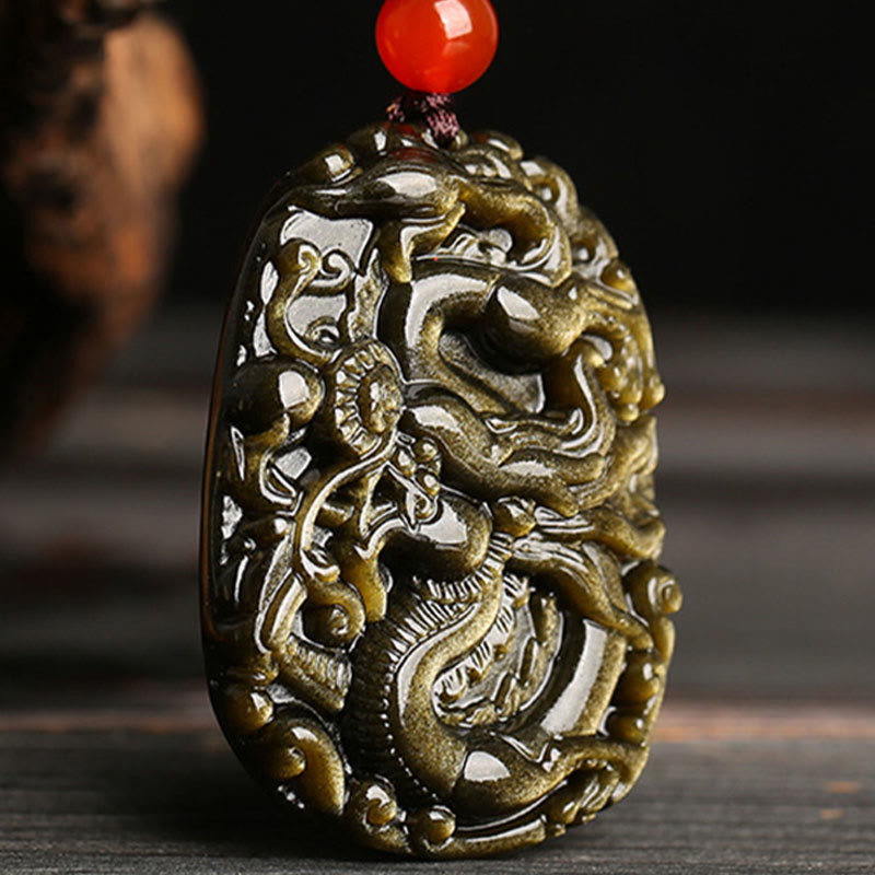 Collar con colgante de éxito con diseño de dragón de obsidiana con brillo dorado y piedras de Buda 