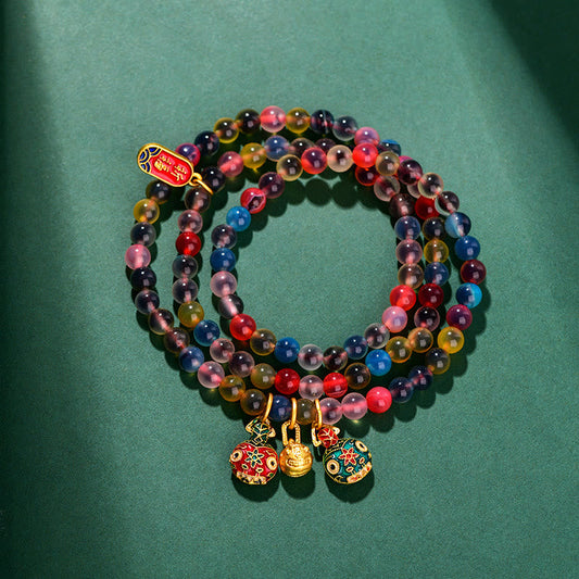 Pulsera de triple vuelta con amuleto de fuerza familiar, piedras de Buda, ágata de caramelo colorida y oro, bestia devoradora