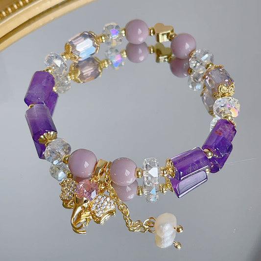 Pulsera con dije de elefante positivo de cuarzo fresa, amatista, aventurina verde y piedras de Buda