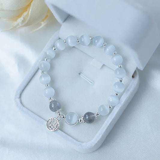 Pulsera con abalorios de bola con carácter Fu de piedra lunar y ojo de gato de Buda