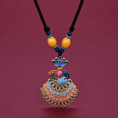 Collar con colgante de la fortuna de ágata turquesa, ámbar y pavo real de colores de Buda 