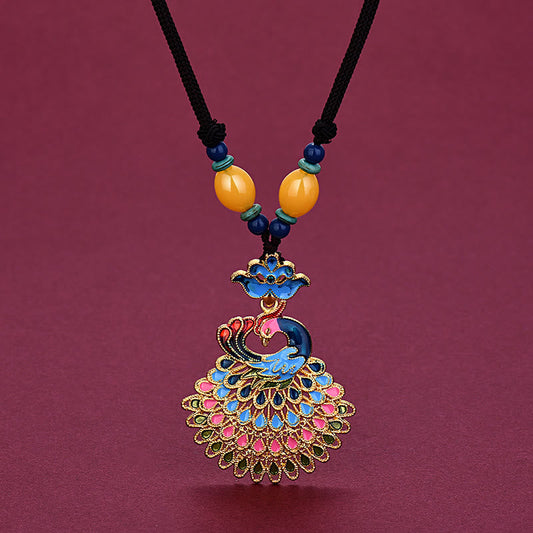 Collar con colgante de la fortuna de ágata turquesa, ámbar y pavo real de colores de Buda 