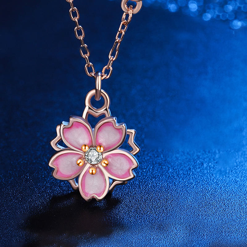 Collar con colgante de flor de cerezo en plata de ley 925 con piedras de Buda y protección giratoria 