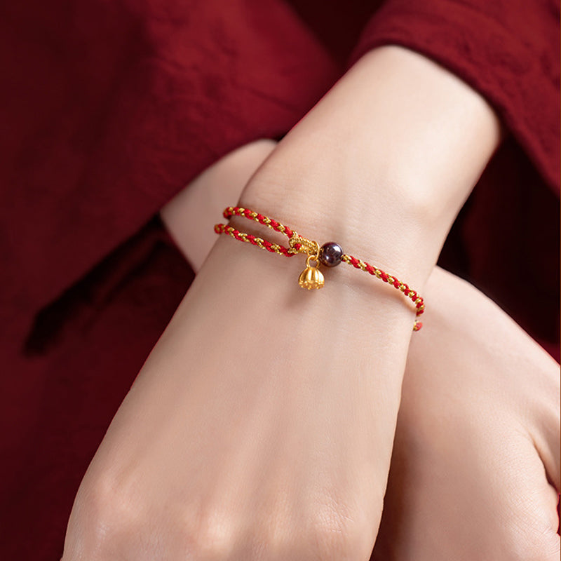 Pulsera trenzada con dije de paz y alegría de loto, hecha a mano con piedras de Buda y cuerda de oro rojo 