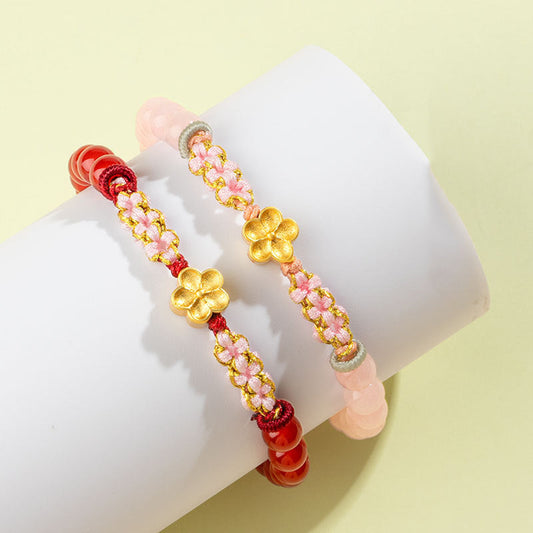 Pulsera de plata de ley 999 con piedras de Buda, ágata roja natural, cristal rosa y flor de cerezo