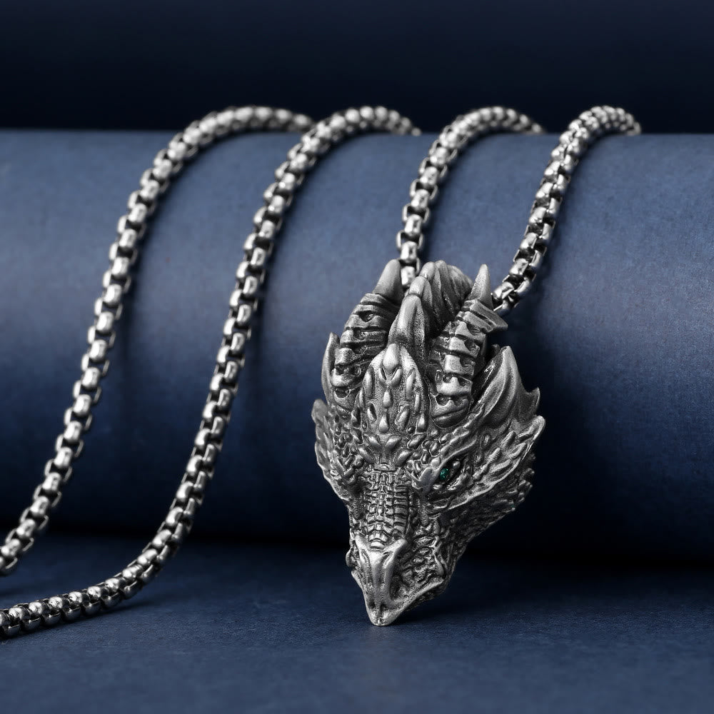 Collar con colgante de metal con cabeza de dragón de estaño puro y piedras de Buda para proteger la suerte 