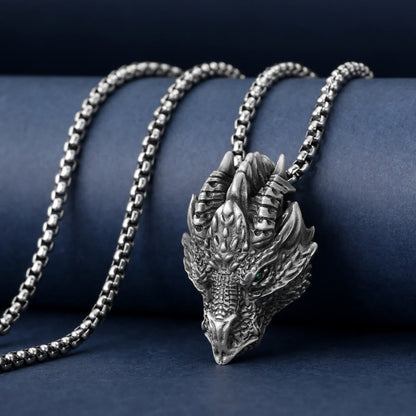 Collar con colgante de metal con cabeza de dragón de estaño puro y piedras de Buda para proteger la suerte 