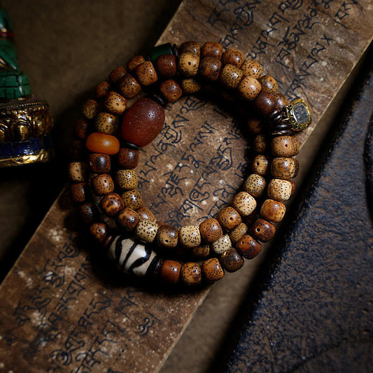 Buddha-Steine, tibetischer Bodhi-Samen, Bernstein, Dzi-Perle, Achat, Zakiram, Göttin des Reichtums, Perlen, dreifach gewickeltes Armband