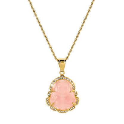 Buddha Stones 18K Gold Filled Laughing Buddha Jade Luck Necklace Chain Pendant