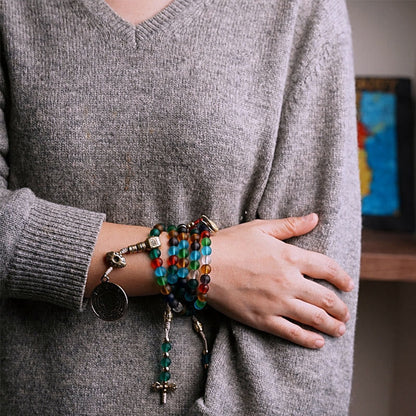 Pulsera tibetana con 108 cuentas de mala de Buda, cuentas de vidrio Liuli multicolores, zodíaco chino, nueve palacios, ocho diagramas