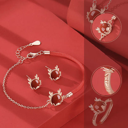 Buddha Stones 925 Sterling Silver Year of the Dragon Cinnabar Red Agate Dragon Protection Bracelet Necklace Pendant Earrings Ring