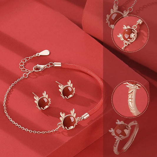 Buddha Stones 925 Sterling Silver Year of the Dragon Cinnabar Red Agate Dragon Protection Bracelet Necklace Pendant Earrings Ring