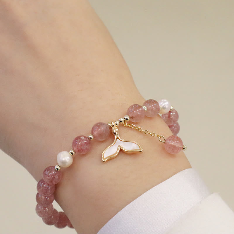 Buddha Stones Erdbeerquarz Perle Elch Smiley Gesicht Fischschwanz Fu Charakter Charm Heilung Armband 