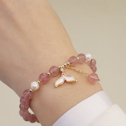 Buddha Stones Erdbeerquarz Perle Elch Smiley Gesicht Fischschwanz Fu Charakter Charm Heilung Armband 