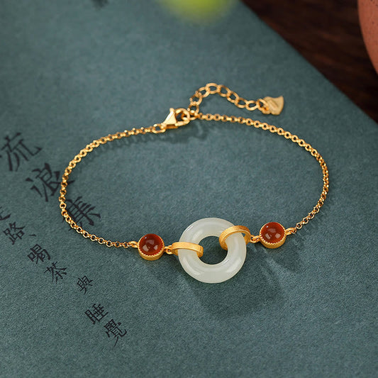 Pulsera de la suerte con piedras de Buda, plata de ley 925 bañada en oro, jade hetiano natural, hebilla de la paz y ágata roja
