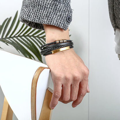 Pulsera trenzada multicapa de cuero y acero de titanio con hebilla magnética y piedras de Buda
