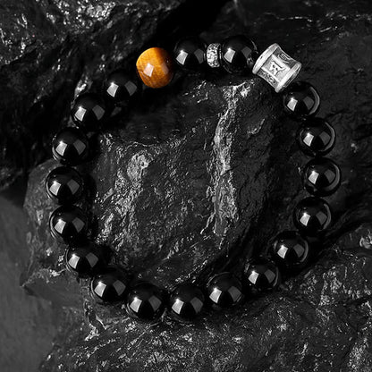 Pulsera de obsidiana negra con ojo de tigre y piedras de Buda en plata de ley 999 con el símbolo del Om Mani Padme Hum 