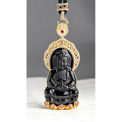Collar con colgante de la riqueza de Kwan Yin Avalokitesvara y jade negro natural en plata de ley 925 con piedras de Buda