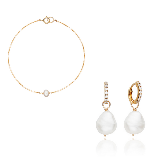 Geschenkset mit goldenen Perlentropfen und Armband mit einer Perle