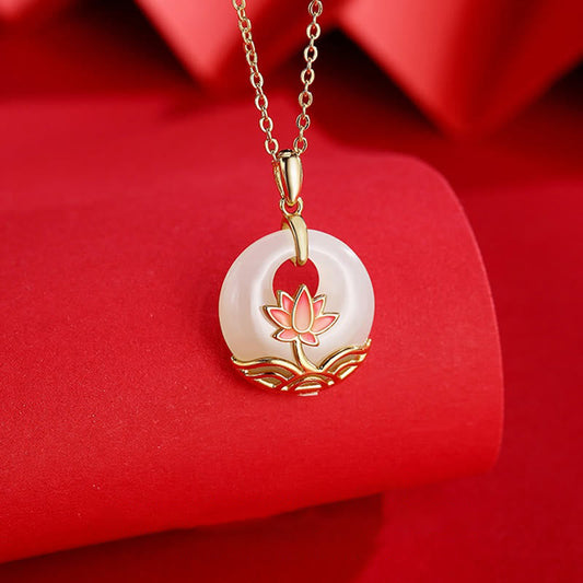 Collar con colgante de flor de loto de jade blanco hetiano de plata de ley 925 con piedras de Buda y bendición