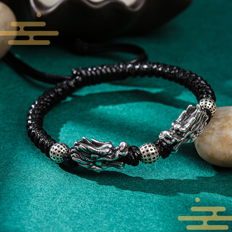 Buddha Stones 999 Sterling Silber Doppeldrache Glück Handgefertigtes geflochtenes Armband