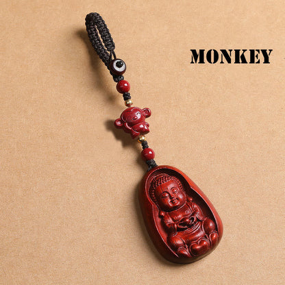 Llavero con amuleto de protección del zodíaco chino de cinabrio y sándalo rojo de hoja pequeña de Buda