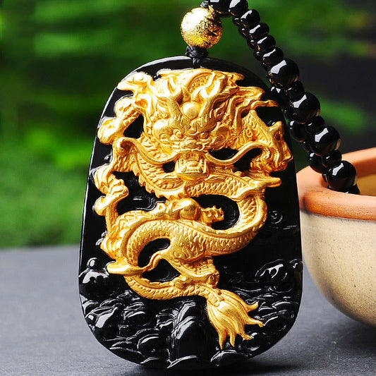 Collar con colgante de obsidiana de dragón bañado en oro de 18 quilates con piedras de Buda 