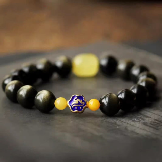 Buddha Stones Armband aus 925er Sterlingsilber mit chinesischem Sternzeichen, Geburts-Buddha, natürlichem Goldglanz, Obsidian und Bernstein, Schutz des Reichtums