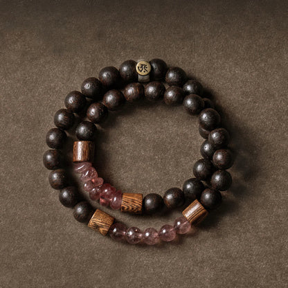 Pulsera de doble vuelta con piedras de Buda en plata de ley 925, con el zodíaco chino, Buda natal, madera de agar y cuarzo fresa.