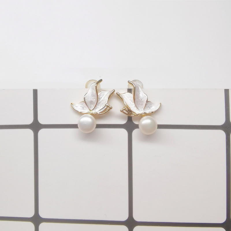 Buddha Stones 925 Sterling Silver Posts Copper Plated Gold Natural Pearl Bead Butterfly Wisdom Stud Earrings - Touch Bling