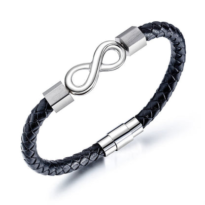 Pulsera de equilibrio con nudo infinito de piedras de Buda, acero de titanio y cuero trenzado.