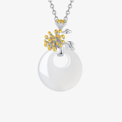 Collar con colgante de flor de armonía de doce meses de calcedonia redonda de plata de ley 925 con piedras de Buda 
