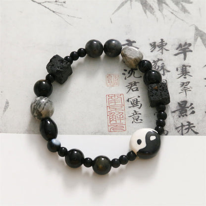 Pulsera de protección de la fortuna Yin Yang con cuentas de jaspe Picasso de ónix negro y piedras de Buda