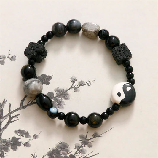 Buddha Stones Armband mit schwarzem Onyx und Picasso-Jaspis-Perle, Yin und Yang, Glücks- und Schutzsymbol