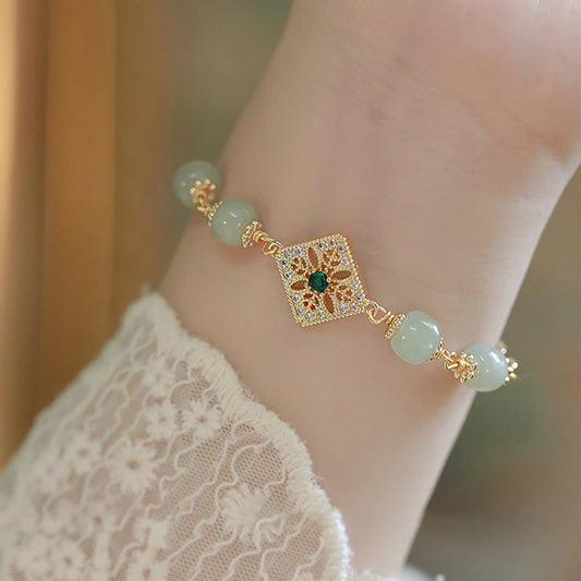 Pulsera de la suerte con cuentas de jade hetiano natural de Buda y patrón cuadrado 