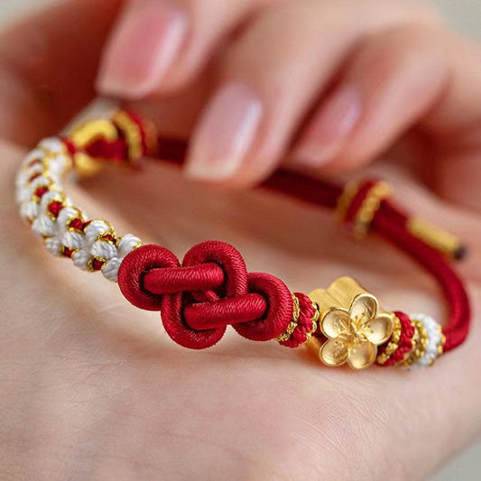 Pulsera de cuerda de la suerte con amuleto de flor de durazno y nudo de amor verdadero hecha a mano con piedras de Buda 