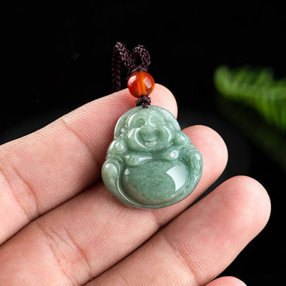 Collar con colgante de hilo de jade cian y piedras de Buda sonriente
